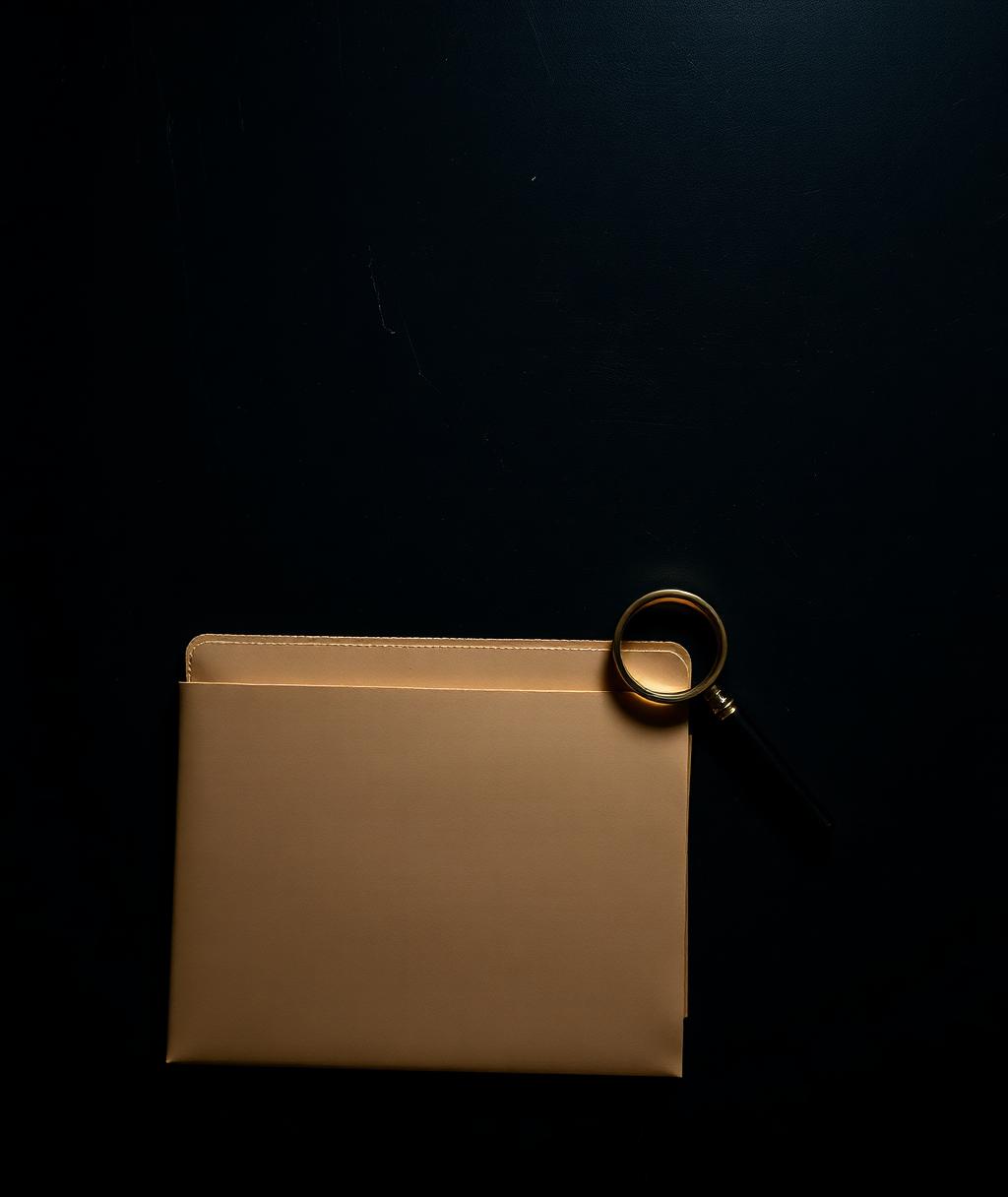 Dossiê classificado sobre mesa escura iluminada por feixe de luz